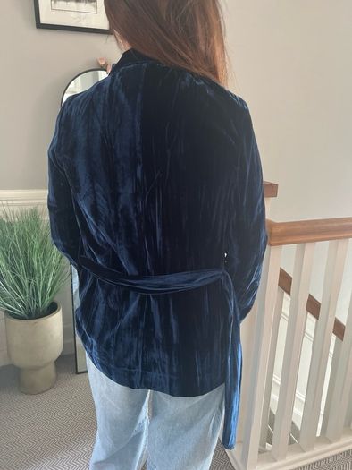 Navy crushed velvet wrap jacket. Size XS