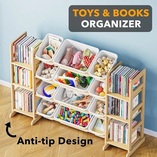 Toy Storage Organizer with 6 Shelves and 12 Bins, Bookshelf/Bookcase, Kids Bin Shelf, Toys Box for Playroom Organization for Bedroom & Room Decor, White, 52.3" W