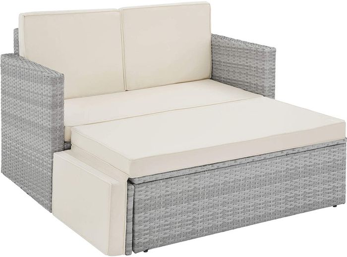 _Poly Rattan Lounge Set, 2-Seater Sofa with Backrest, Large Stool with Folding Support, Incl. Thick Cushions, Garden Furniture Set for Garden and Terrace