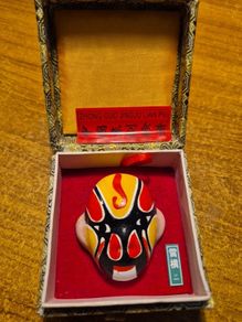 Chinese Beijing Opera Facial Make-Up Miniature Clay Mask In Gift Silk Box 3X2.5"