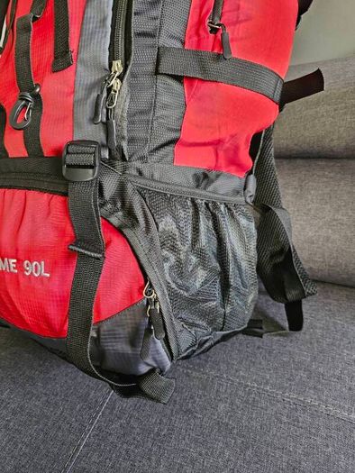 90 L Hiking backpack. Trekking backpack. Camping backpack. Red.