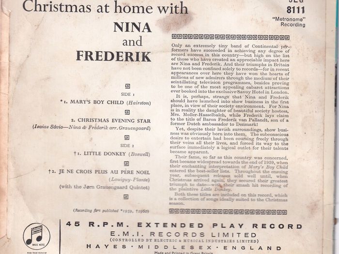 Nina And Frederik Christmas At Home 1960 Uk Pressing Picture Sleeve