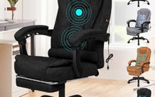 Massage Office Chair for Home Office, Desk Chair 77 cm High Back 150 Recliner Tilt Function Padded Swivel Fabric Black