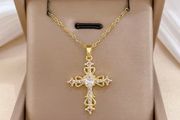 Cross Crucifix Crystal Gold Tone Pendant Necklace