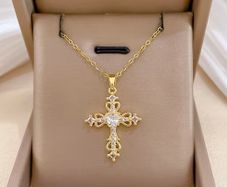 Cross Crucifix Crystal Gold Tone Pendant Necklace
