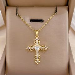 Cross Crucifix Crystal Gold Tone Pendant Necklace