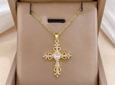 Cross Crucifix Crystal Gold Tone Pendant Necklace