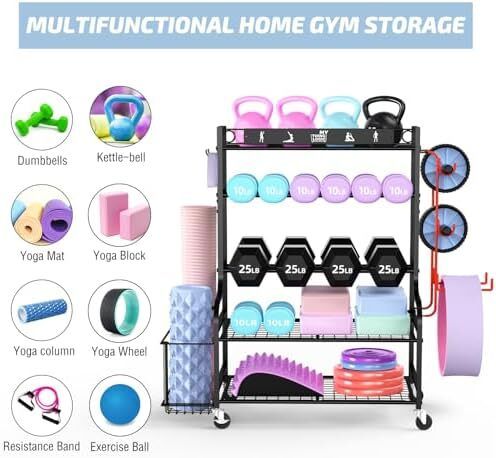 Home Gym Storage Rack for Dumbbells Kettlebells Foam Roller, Yoga Strap and Resistance Bands, Workout Equipment Storage Organizer With Hooks and Wheels
