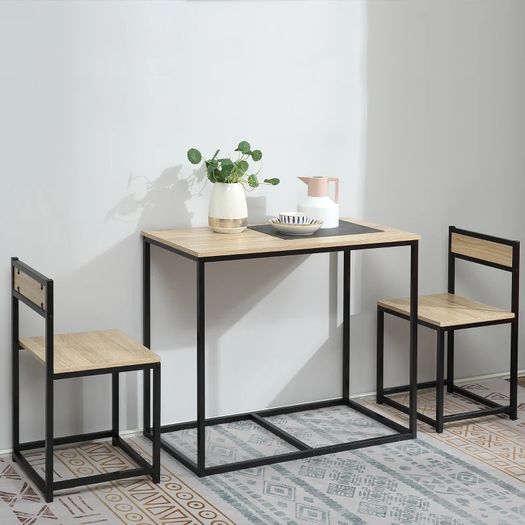 Dining Table and Chairs Set 1 Table + 2 tuck-under chairs for Kitchen - Black metal Light oak look