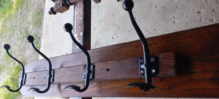 Oak and Iron Antique Coat Hang set of 4 hooks Original to go on the wall or back of door very solid