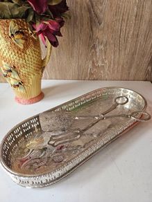 Vintage Silver Plated Serving Tray and Server Tongs