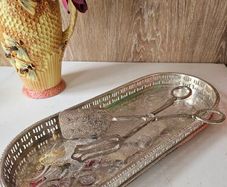 Vintage Silver Plated Serving Tray and Server Tongs