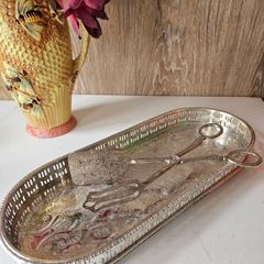 Vintage Silver Plated Serving Tray and Server Tongs
