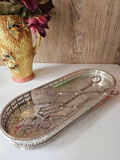 Vintage Silver Plated Serving Tray and Server Tongs