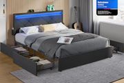 Double Bed Frame LED Metal Bed, 4 Drawers, Charging Station, Adjustable Padded Headboard, Slate Grey