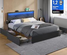 Double Bed Frame LED Metal Bed, 4 Drawers, Charging Station, Adjustable Padded Headboard, Slate Grey