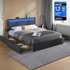 Double Bed Frame LED Metal Bed, 4 Drawers, Charging Station, Adjustable Padded Headboard, Slate Grey