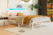 White Double Bed Frame with Storage and LED Lights,4ft6 Metal Platform Bed Frame Double Size Bed Base with Charging Station,Mattress Base,Strong Slats Support,Under-bed Storage,Noise Free