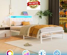 White Double Bed Frame with Storage and LED Lights,4ft6 Metal Platform Bed Frame Double Size Bed Base with Charging Station,Mattress Base,Strong Slats Support,Under-bed Storage,Noise Free
