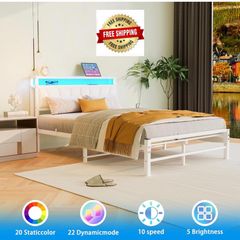 White Double Bed Frame with Storage and LED Lights,4ft6 Metal Platform Bed Frame Double Size Bed Base with Charging Station,Mattress Base,Strong Slats Support,Under-bed Storage,Noise Free