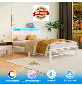 White Double Bed Frame with Storage and LED Lights,4ft6 Metal Platform Bed Frame Double Size Bed Base with Charging Station,Mattress Base,Strong Slats Support,Under-bed Storage,Noise Free