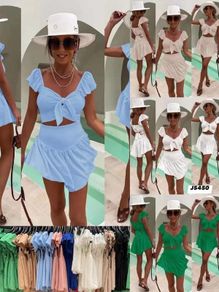 Shorts Set Blouse Neckline Blue