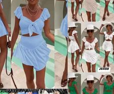 Shorts Set Blouse Neckline Blue