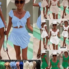 Shorts Set Blouse Neckline Blue