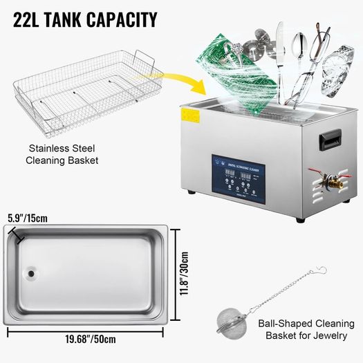 22L Ultrasonic Cleaner Machine Stainless Steel Ultrasonic Cleaning Machine Digital Heater Timer Jewelry Cleaning for Commercial Personal Home Use