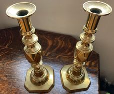 Antique brass Queen of Diamonds candlesticks pair