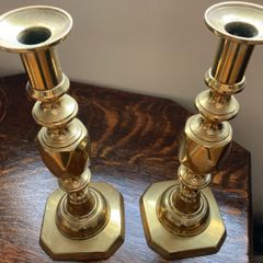 Antique brass Queen of Diamonds candlesticks pair