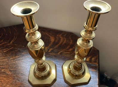 Antique brass Queen of Diamonds candlesticks pair