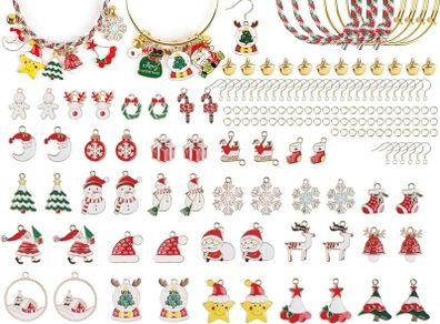 96P 30 Styles Christmas Charms, Christmas Gold Enamel Charms for Jewelry Making with Ear Hooks, Red Rope, Bracelets, Bells for Xmas Necklace Bracelet Earrings Craft Making