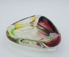 Romanian Vintage Retro Green, Red & Yellow Glass Ashtray Bowl (not murano)