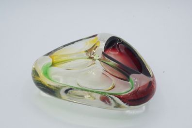Romanian Vintage Retro Green, Red & Yellow Glass Ashtray Bowl (not murano)