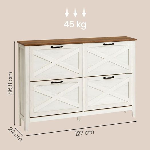 White 4 Flap Shoe Cabinet 127cm Wide Slim Hallway Storage Unit