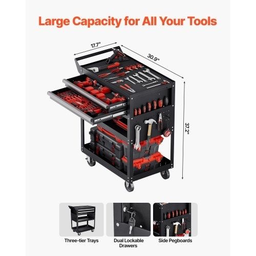 5-Tier Tool Cart with Wheels, 400 lbs Load Capacity, Rolling Work Cart with 2 Drawers & Pegboard, Mechanic Tool Storage Organizer with Locking System for Garage, Warehouse and Repair Shop, Black