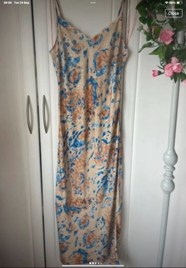 dress slip dress bias cut with scallop neckline size 10:beige patterned