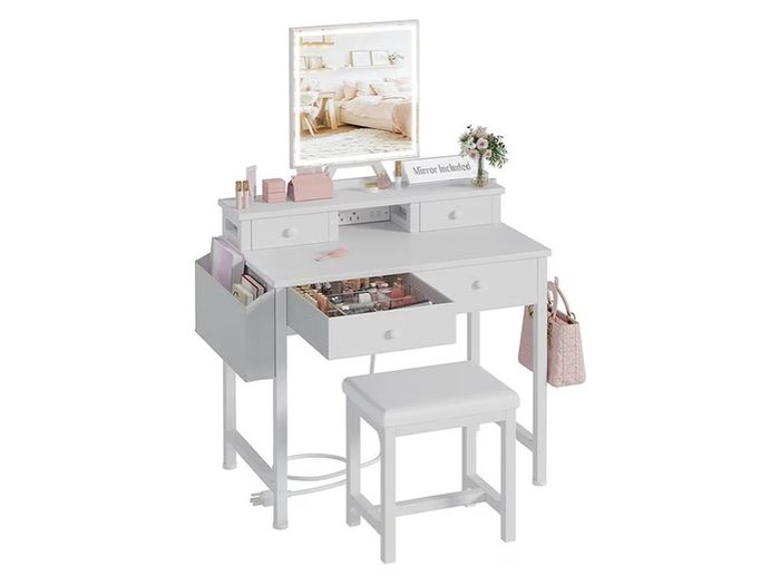 White Makeup Vanity Desk with Mirror and Lights, Vanity Set with Chair, Make Up Dresser Table with Drawers and UK Power Outlet for Girls Bedroom Small Space