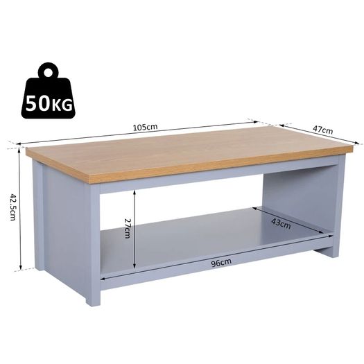 Coffee Table, 2-tier Centre Table with Storage Shelf and Wood Grain Tabletop, Rustic Living Room Table, Grey