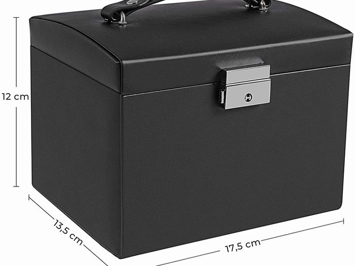 _Jewelry Box, Jewelry Case, Travel Jewelry Box, Portable Jewelry Organizer, with 2 Drawers, Mirror, Lock and Keys, Lockable, 17.5 x 13.5 x 12 cm, Black