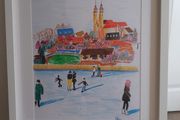 Original "Winter Skating in Tihany, Hungary" - Framed Drawing