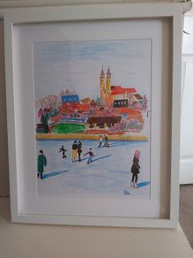 Original "Winter Skating in Tihany, Hungary" - Framed Drawing