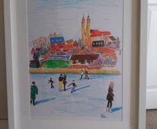 Original "Winter Skating in Tihany, Hungary" - Framed Drawing