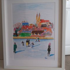 Original "Winter Skating in Tihany, Hungary" - Framed Drawing