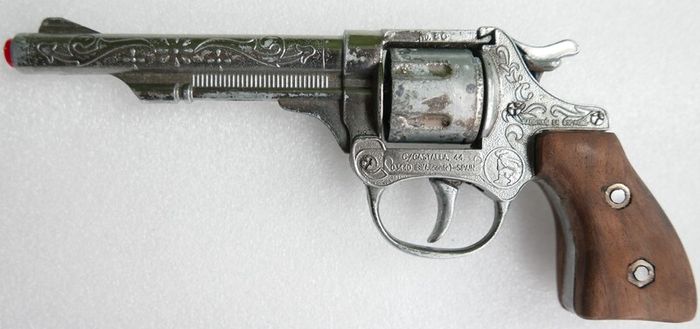 Vintage 60s Metal Cap Gun Firecracker Pistol, Wooden Handle