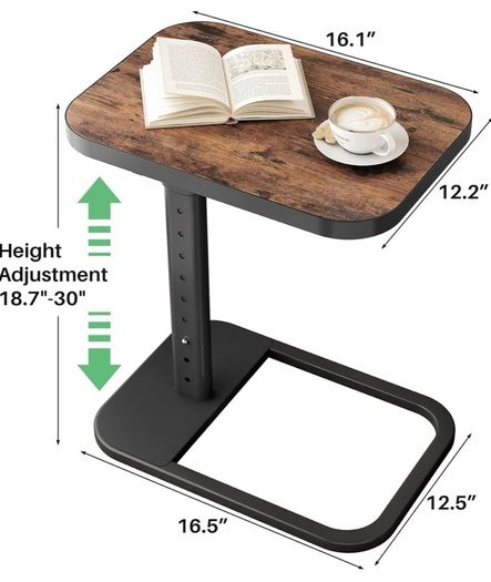 C-Shape Side Table with Adjustable Height & Flip Top, Rounded Corners Small Space End Table, Couch Sofa Table for Laptop Coffee Snack in Living Room Bedroom Bedside