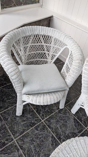 White wicker conservatory set - sofa, two chairs and table