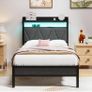 Single Bed Frames with 3ft Upholstered Wooden Two-shelf Storage Headboard, Charging Station,LED Lights, Image 7