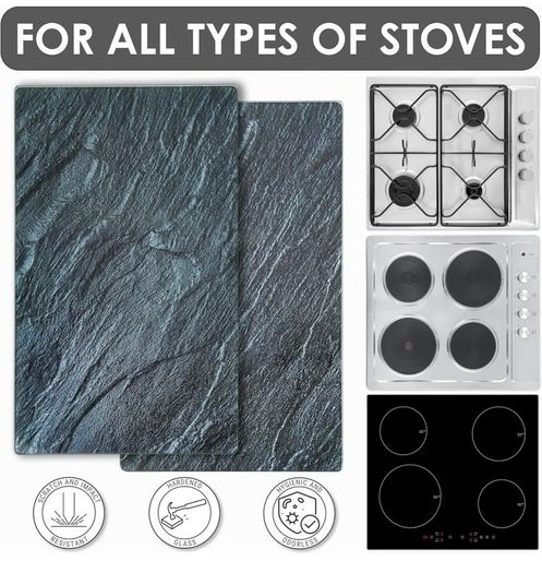 Universal Gas Electric Induction Hob Covers | Set of 2 Glass Hob Cover for Gas Electric Stove Cookers | Large Chopping Board Worktop Savers for Kitchen - Kinway (Black Marble Design)
